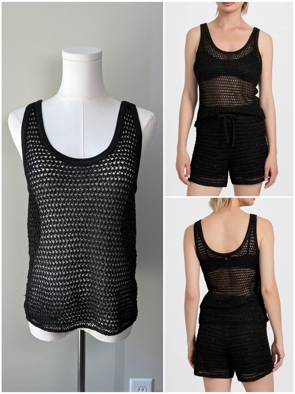 GUESS Black Sequin Ava Open Stitch Knit Tank Top Layering Concert Festival